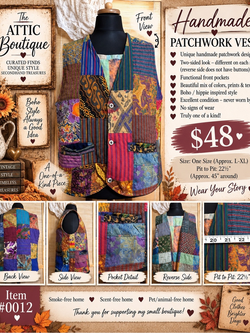 Handmade Patchwork Vest - Multicolor Boho Vest